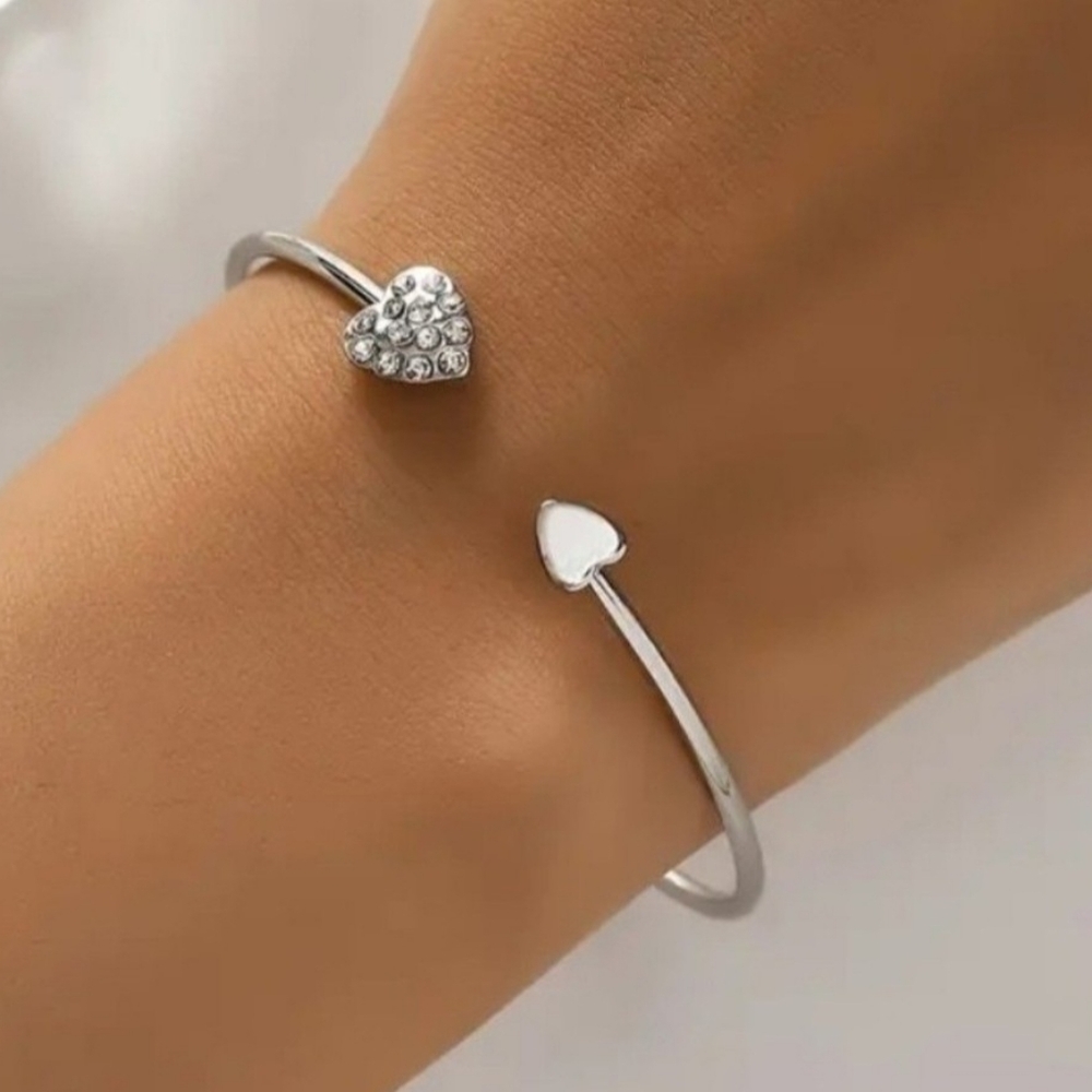 Silver Crystal Heart Bangle Bracelet